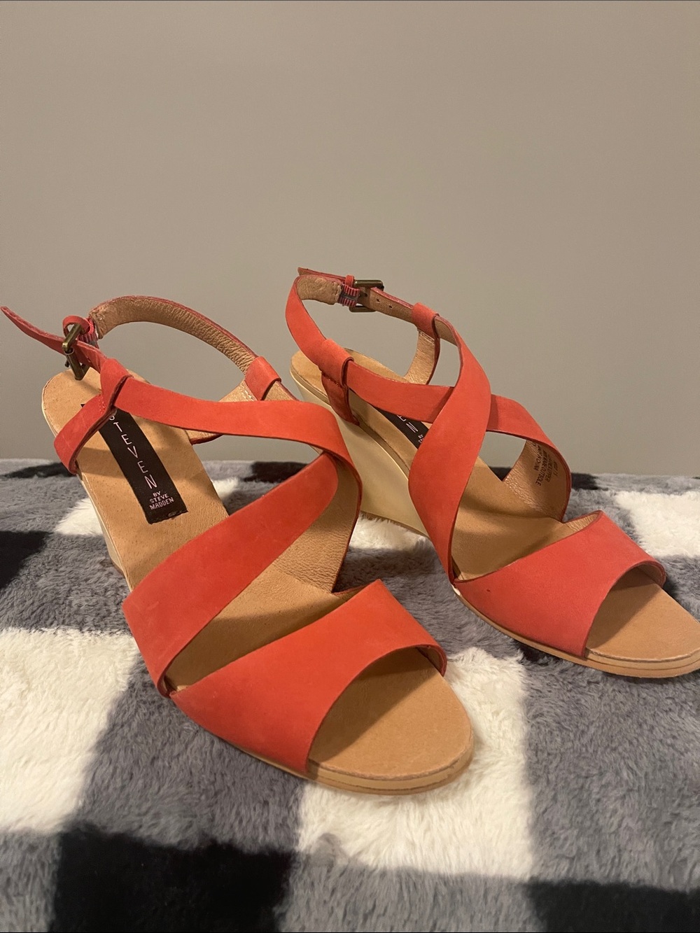 Steve Madden Coral-Orange Suede Crisscross Wedge Sandals